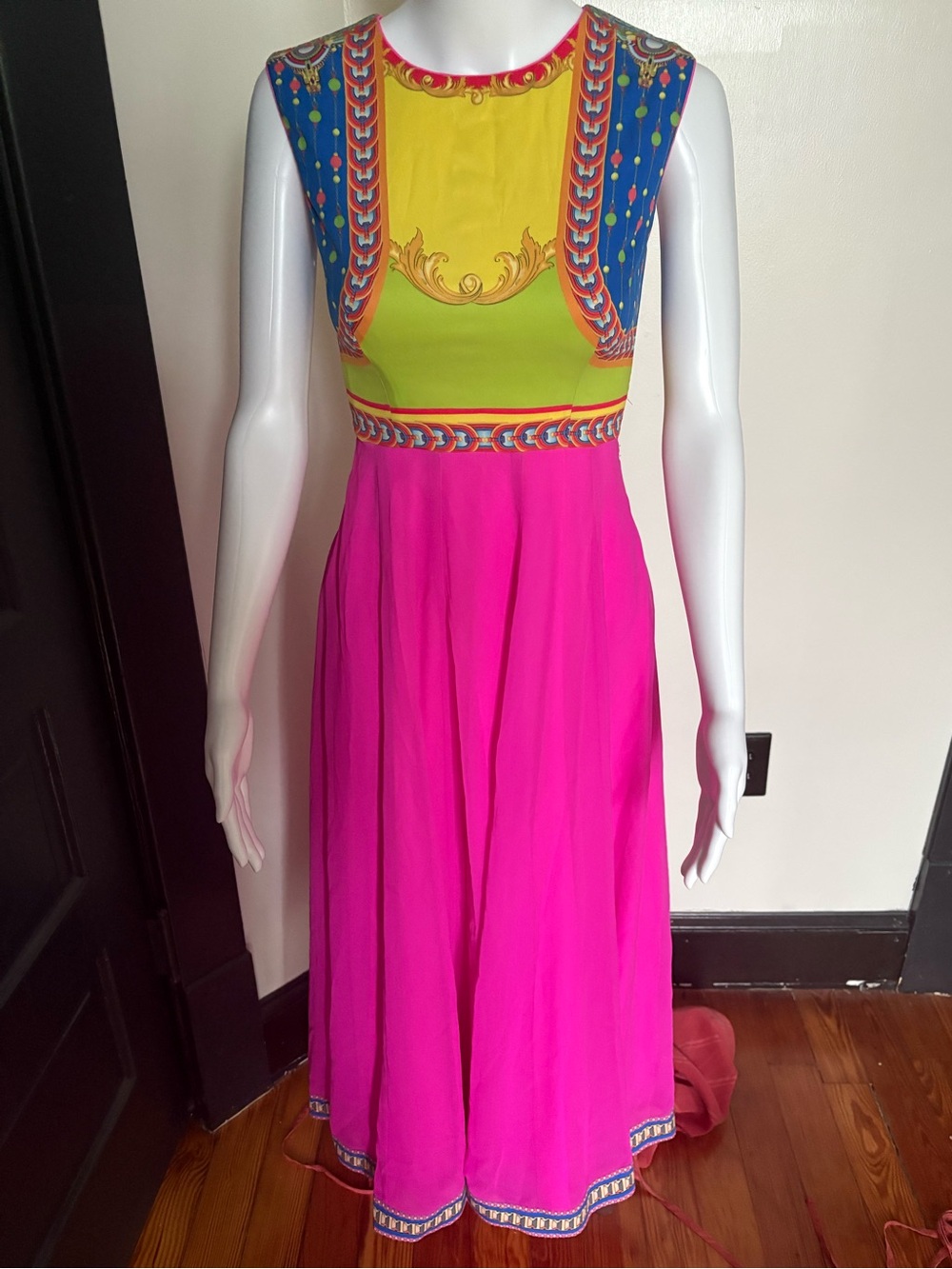 Preeti S Kapoor Indian Vibrant Colorblock Summer Maxi Dress - Pink & Lime - XS